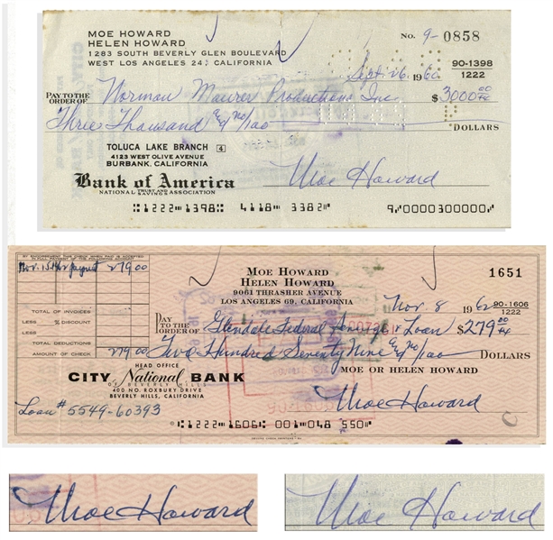 Moe Howard Lot of Two Checks Signed -- Dated 26 September 1960 Measuring 7'' x 3.25'', and 8 November 1962 Measuring 8.25'' x 3'' -- Very Good Condition